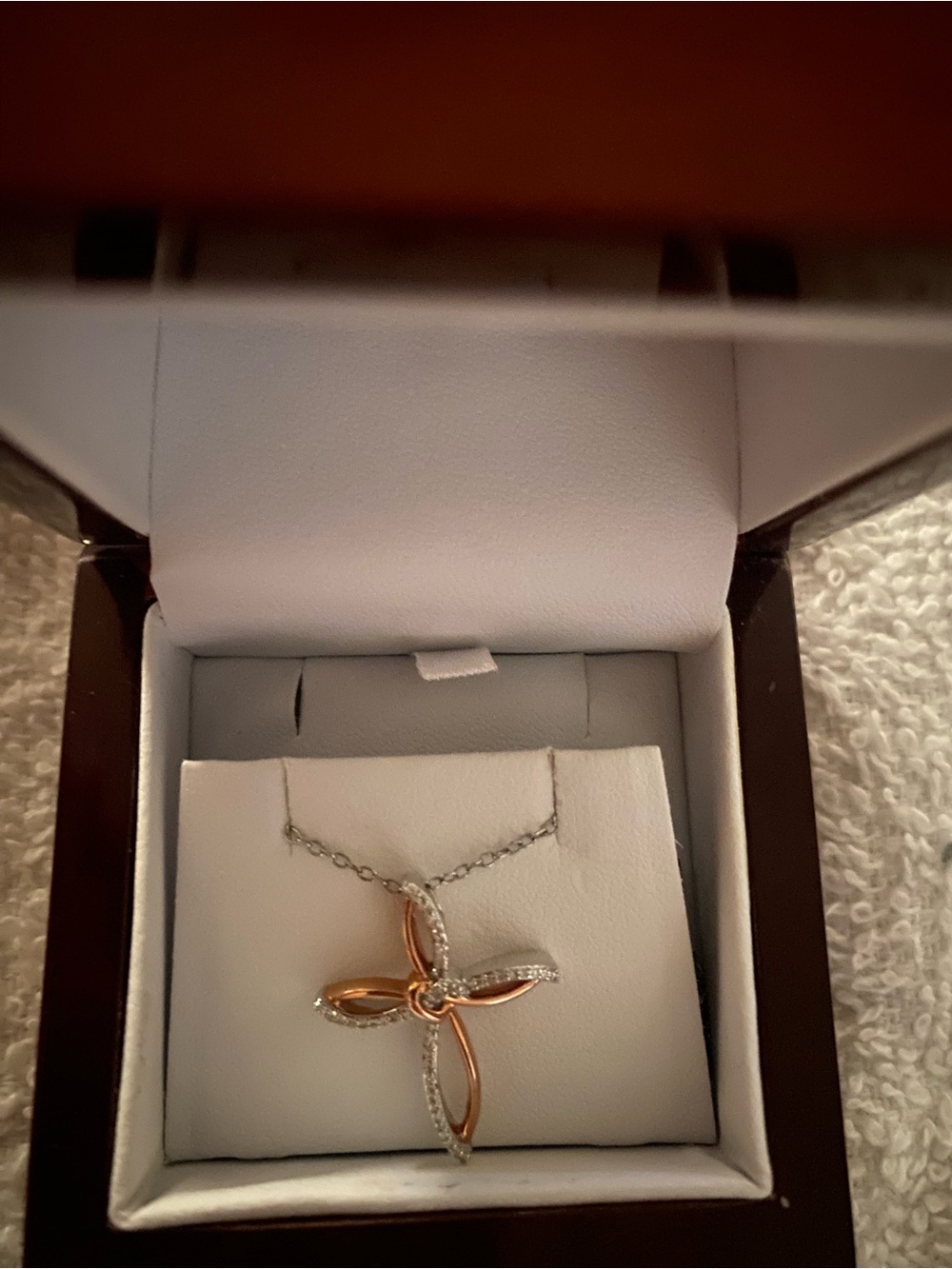 NEW Hallmark Diamonds Cross Necklace 1/10CTW Sterling Silver & 10K Rose Gold 18”